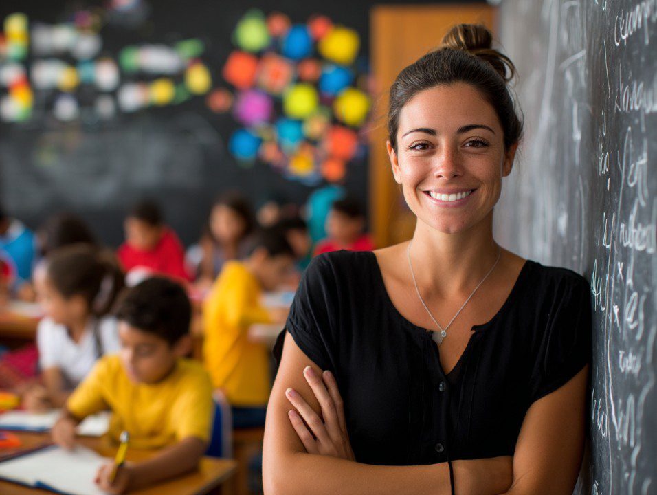 Teacher leading a calm reset with a full classroom